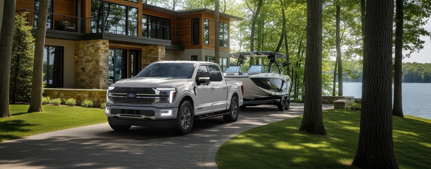 White 2026 Ford F-150 for sale near Orlando parked in front of cabin